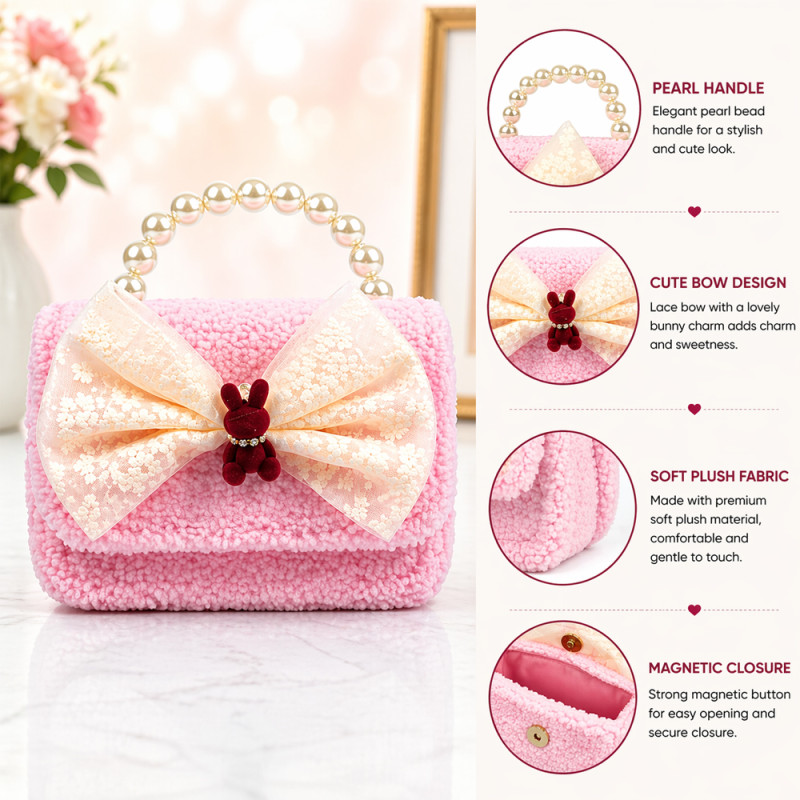 Kids' "Pink Velvet" Bow Handbag – Pearl Handle &amp; Bunny Charm (15cm)