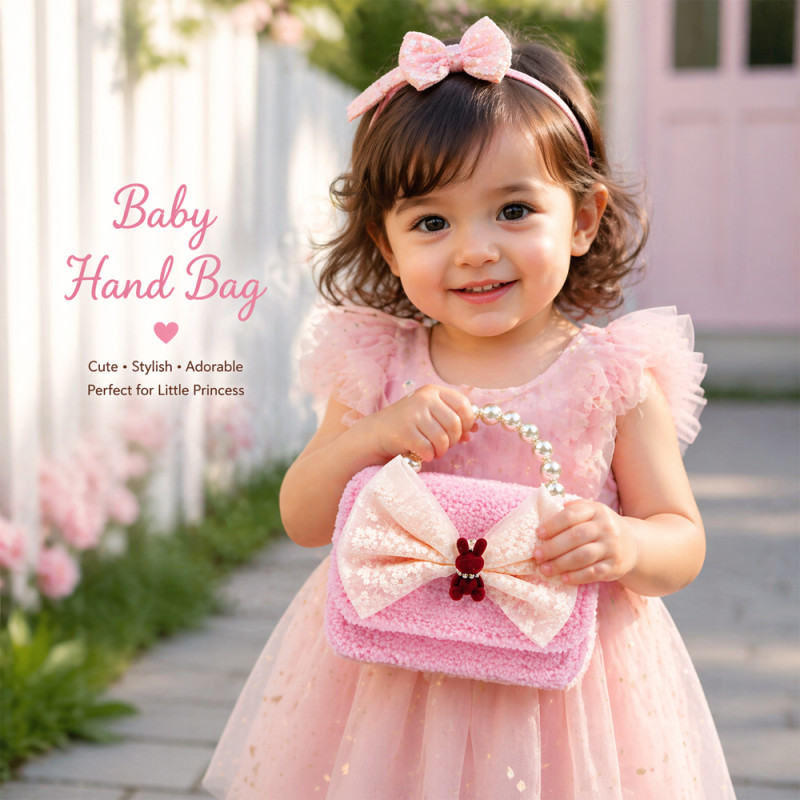 Kids' "Pink Velvet" Bow Handbag – Pearl Handle &amp; Bunny Charm (15cm)