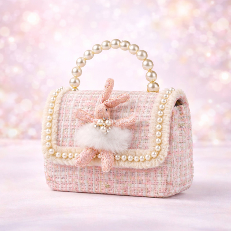 Kids' Pearl Mini Tweed Crossbody Bag – Mauve with Plush Bunny Charm (15cm)