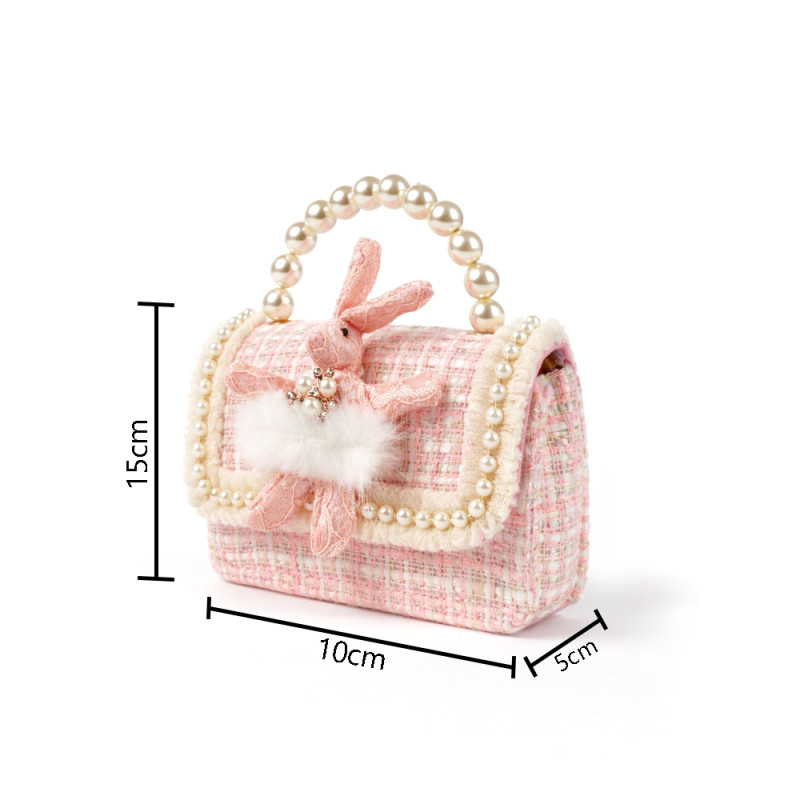 Kids' Pearl Mini Tweed Crossbody Bag – Mauve with Plush Bunny Charm (15cm)