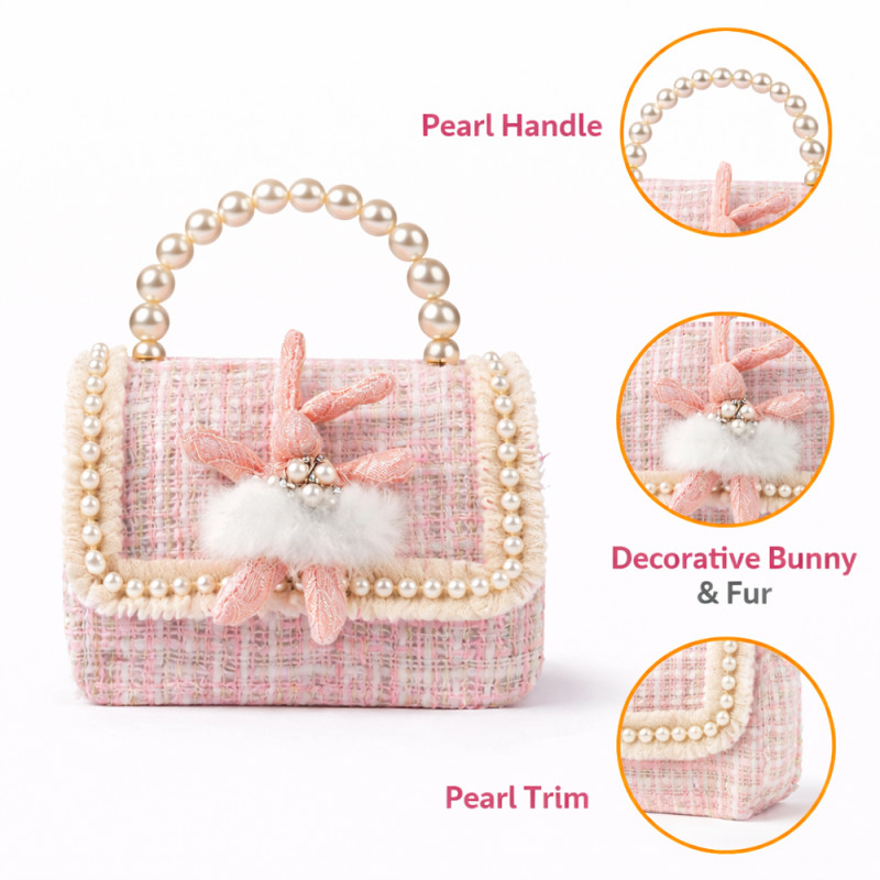 Kids' Pearl Mini Tweed Crossbody Bag – Mauve with Plush Bunny Charm (15cm)