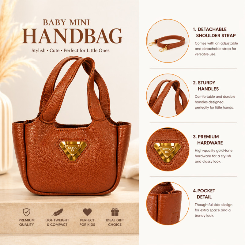 Kids' "Mini Muse" Executive Handbag – Classic Brown with Gold-Tone Hardware (14cm)