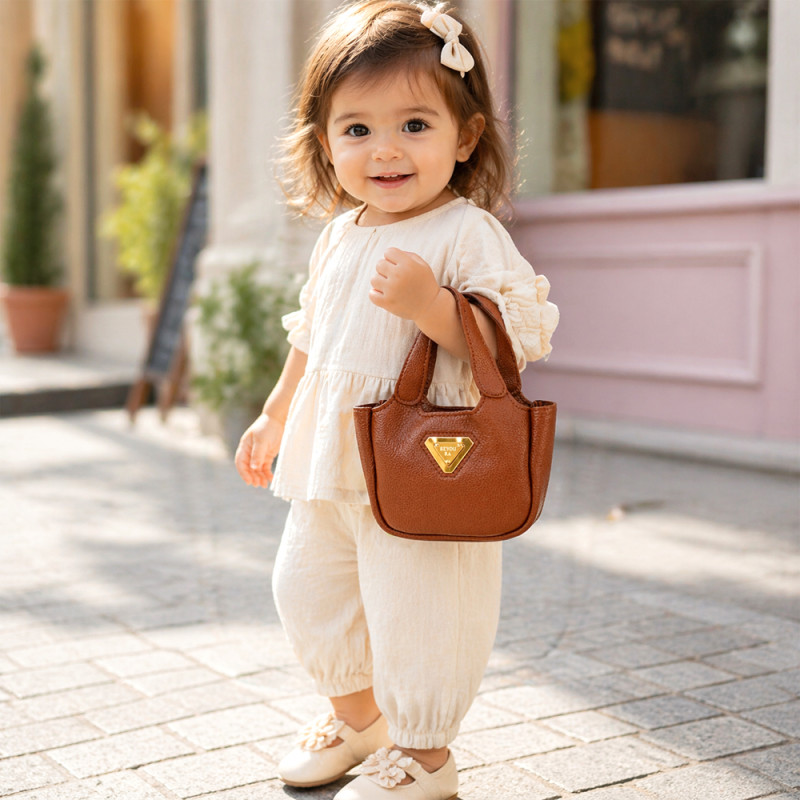 Kids' "Mini Muse" Executive Handbag – Classic Brown with Gold-Tone Hardware (14cm)