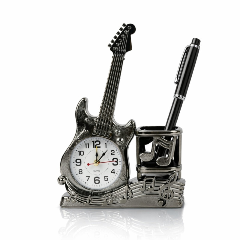 Professional Musical Guitar Pen Stand – Integrated Desktop Clock & Organizer (22cm x 15cm)