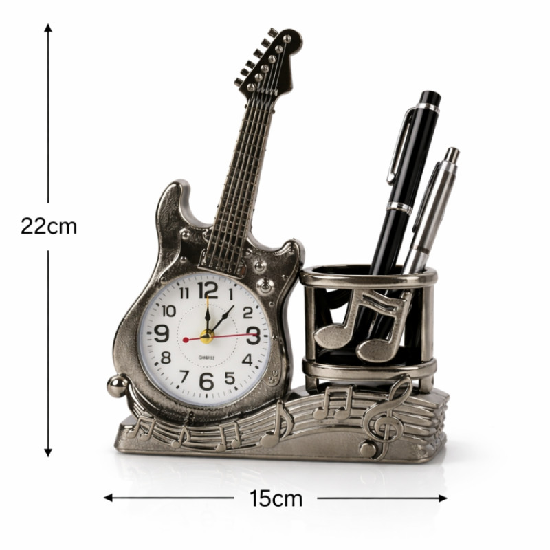 Professional Musical Guitar Pen Stand – Integrated Desktop Clock & Organizer (22cm x 15cm)