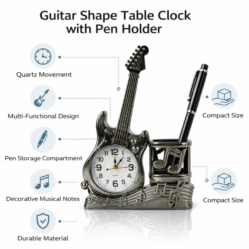 Professional Musical Guitar Pen Stand – Integrated Desktop Clock & Organizer (22cm x 15cm)