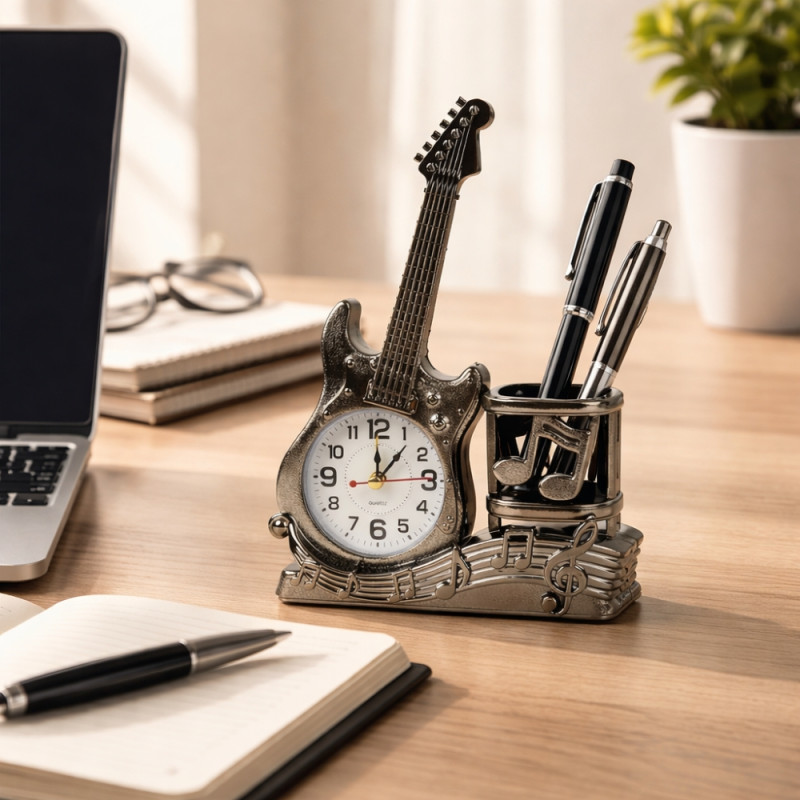 Professional Musical Guitar Pen Stand – Integrated Desktop Clock & Organizer (22cm x 15cm)