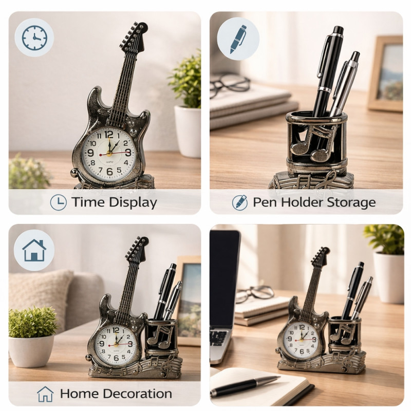Professional Musical Guitar Pen Stand – Integrated Desktop Clock & Organizer (22cm x 15cm)