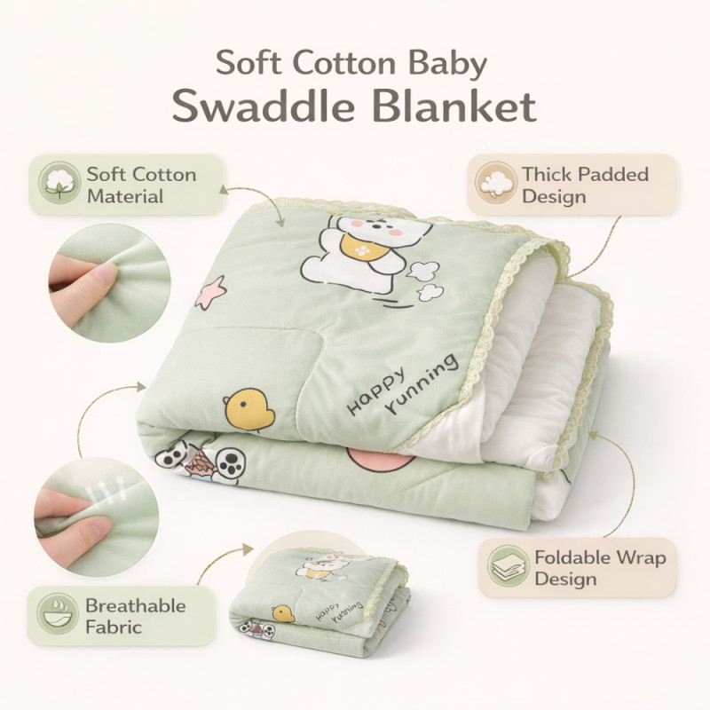 Kids Cartoon Dream Padded Cotton Swaddle Blanket – Vibrant Lime Edition (146 x 116cm)