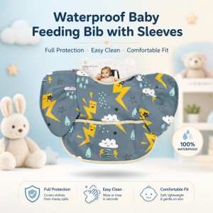 Professional Waterproof Baby Bib – Dark Gray Storm Print with Crumb Catcher (38cm)