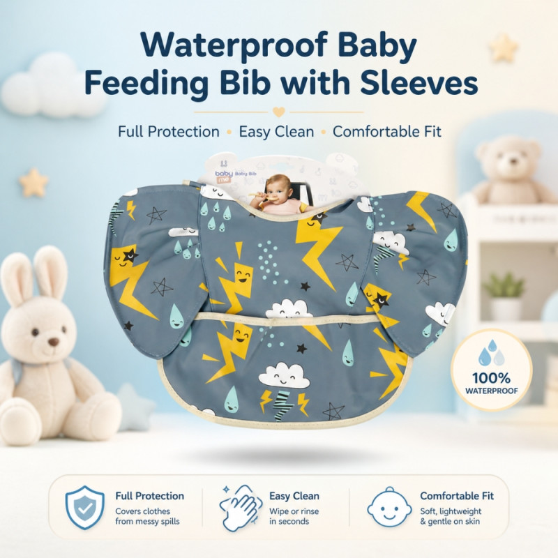 Professional Waterproof Baby Bib – Dark Gray Storm Print with Crumb Catcher (38cm)