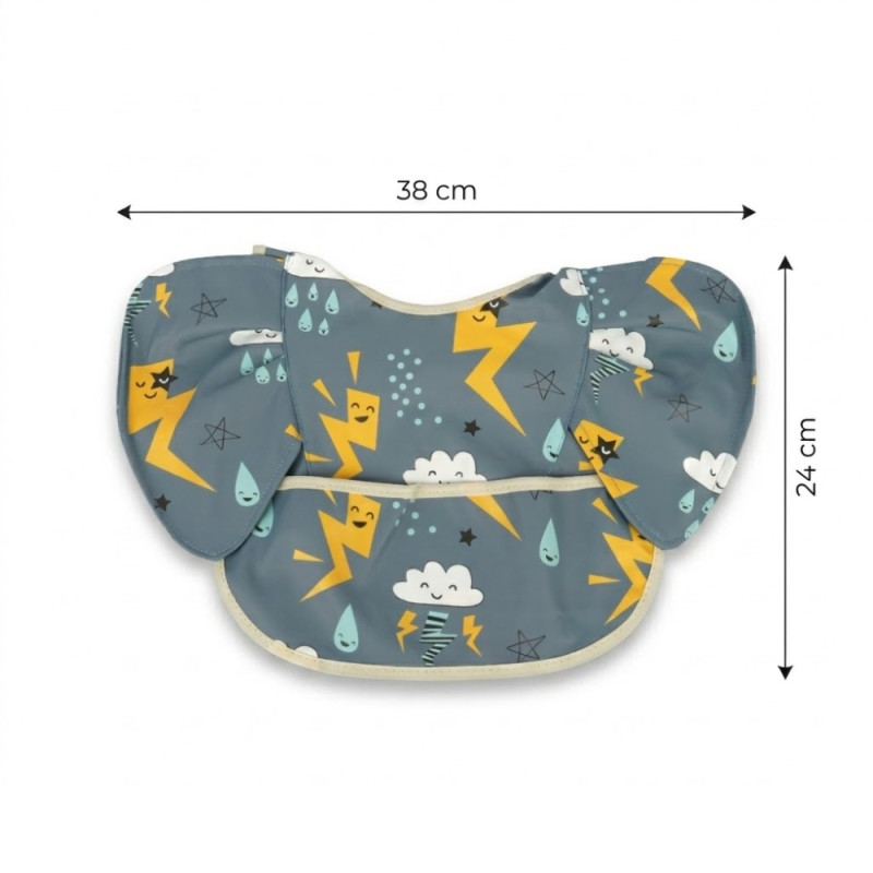 Professional Waterproof Baby Bib – Dark Gray Storm Print with Crumb Catcher (38cm)