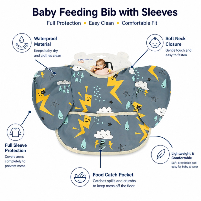 Professional Waterproof Baby Bib – Dark Gray Storm Print with Crumb Catcher (38cm)