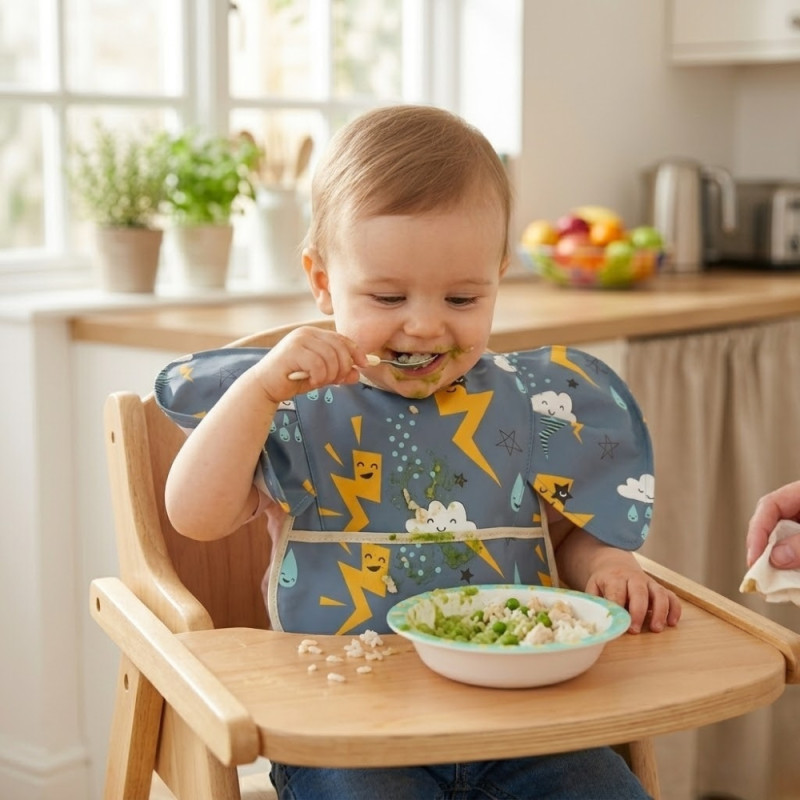 Professional Waterproof Baby Bib – Dark Gray Storm Print with Crumb Catcher (38cm)