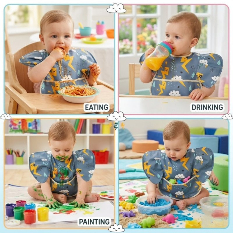 Professional Waterproof Baby Bib – Dark Gray Storm Print with Crumb Catcher (38cm)