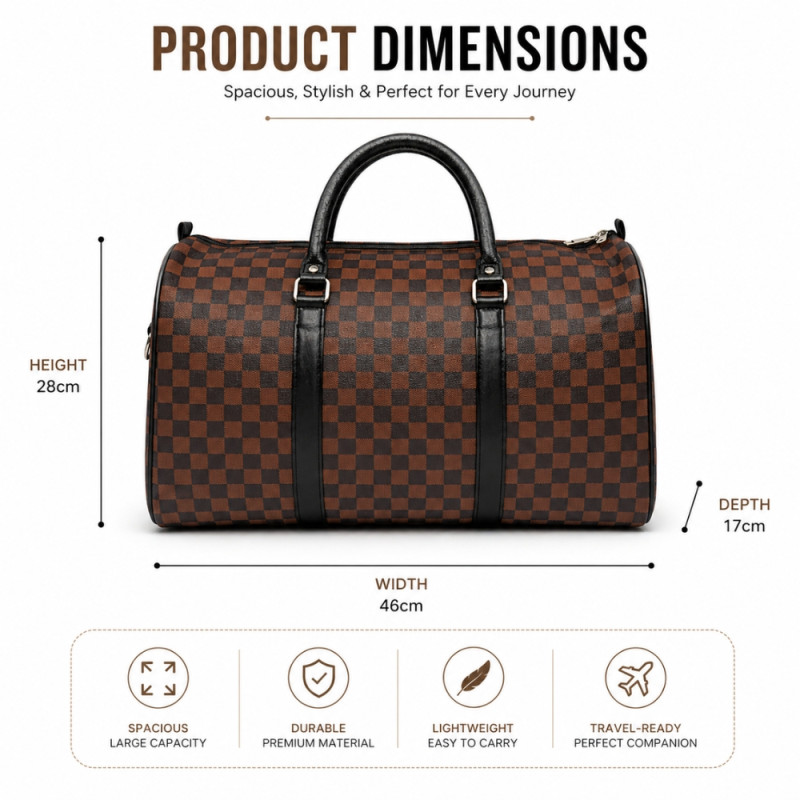 46cm Luxury Checkered Travel Duffel Bag – Brown & Black Weekender