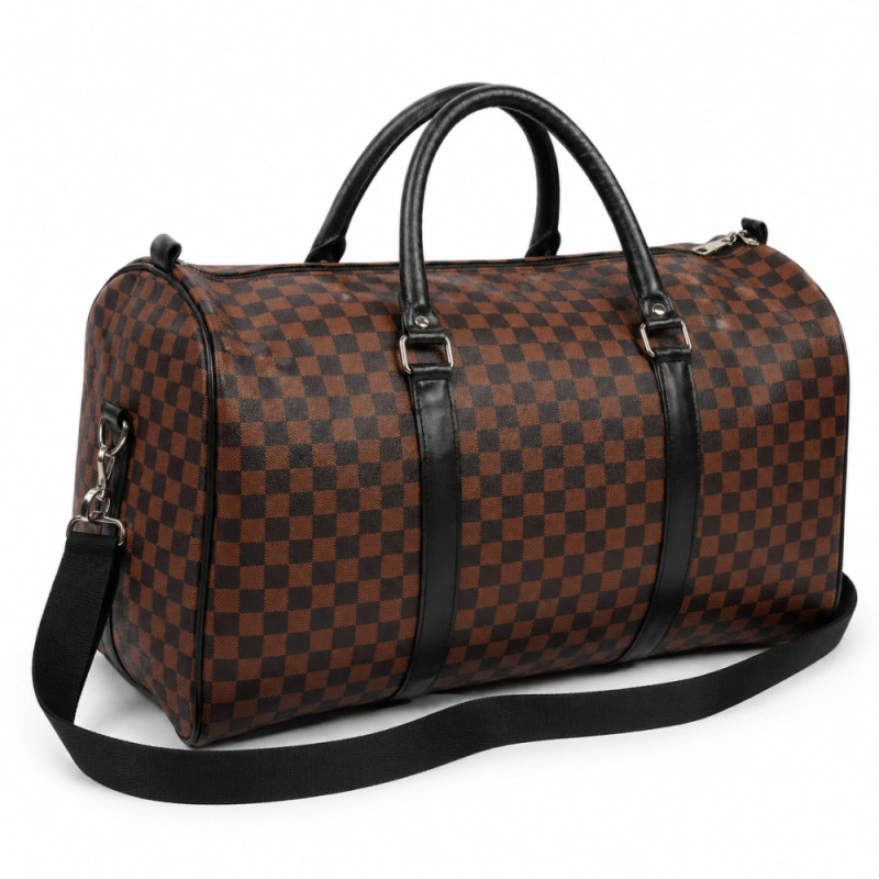 Men’s Executive Checkered Travel &amp; Gym Duffel – Brown &amp; Black (58cm)