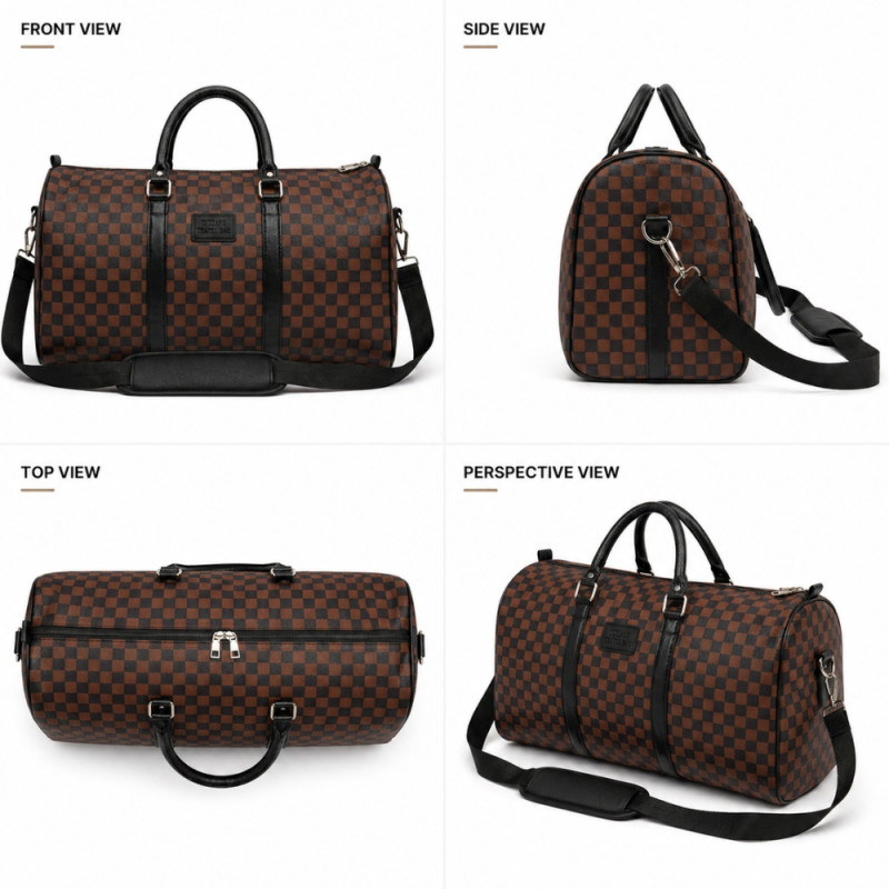 Men’s Executive Checkered Travel &amp; Gym Duffel – Brown &amp; Black (58cm)