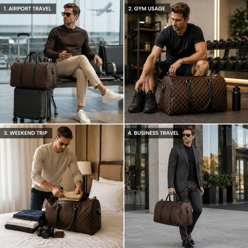 Men’s Executive Checkered Travel &amp; Gym Duffel – Brown &amp; Black (58cm)