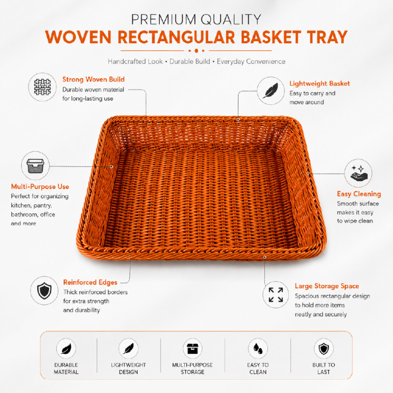 Professional Poly wicker storage basket with a handcrafted rectangular de... – wooden (45x35x8 Cm)