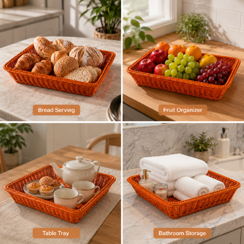 Professional Poly wicker storage basket with a handcrafted rectangular de... – wooden (45x35x8 Cm)