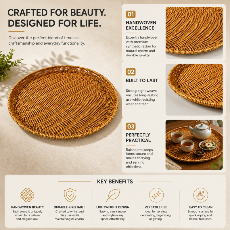 Polished Class Synthetic Fiber Serving Tray Designed for Elegant Dining & Entertaining – Brown (DIA-40, T-2.5 CM)