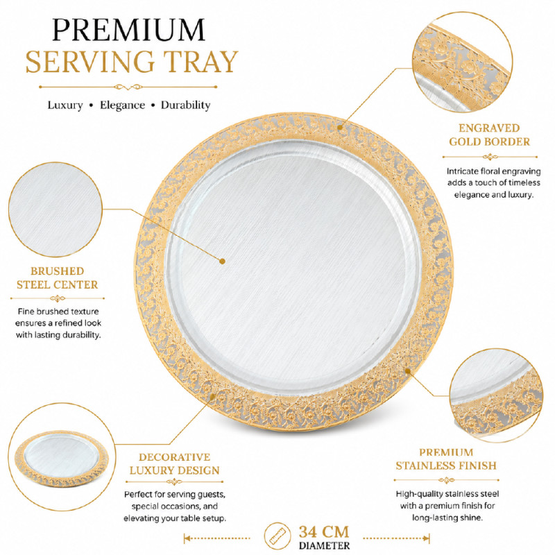 Stainless Steel Round Serving Tray – Mirror Polish Gold & Silver (34cm)