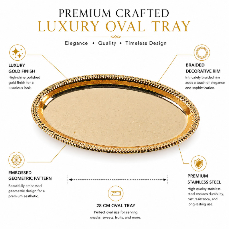 Stainless Steel Round Serving Tray – Mirror Polish Gold (17cm x 28cm)