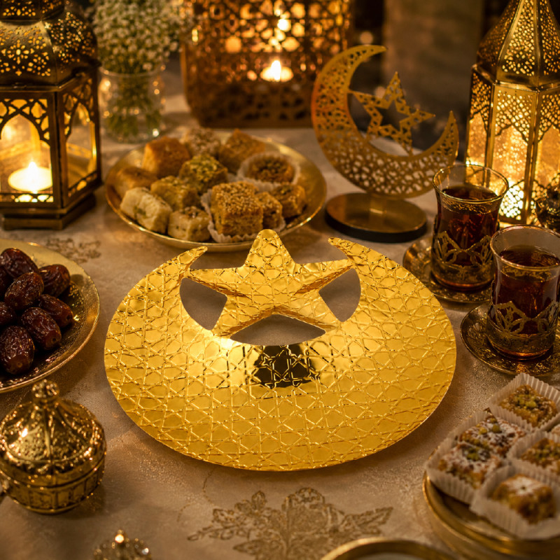 Professional Metal tray designed as a moon and star for serving snacks – Gold (25 x 25cm)