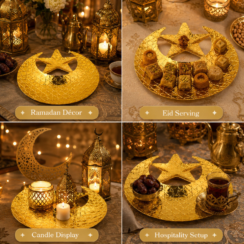 Professional Metal tray designed as a moon and star for serving snacks – Gold (25 x 25cm)