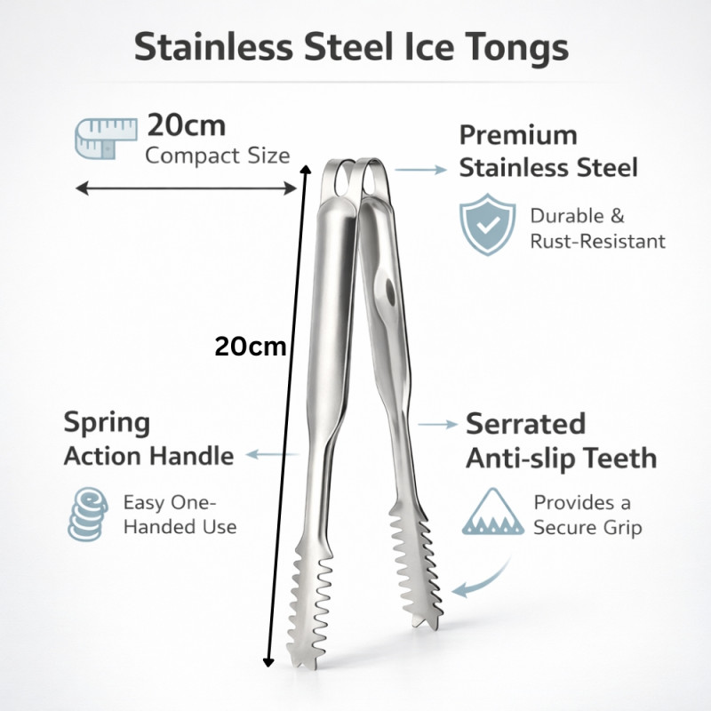Professional 20cm Stainless Steel Ice Tongs – Sleek Silver Barware Essential