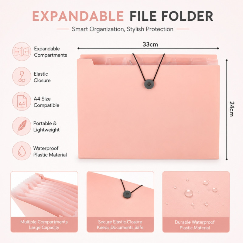 Peach A4 Plastic Accordion-Style Expandable File Folder with Elastic Closure – 33 x 24 cm
