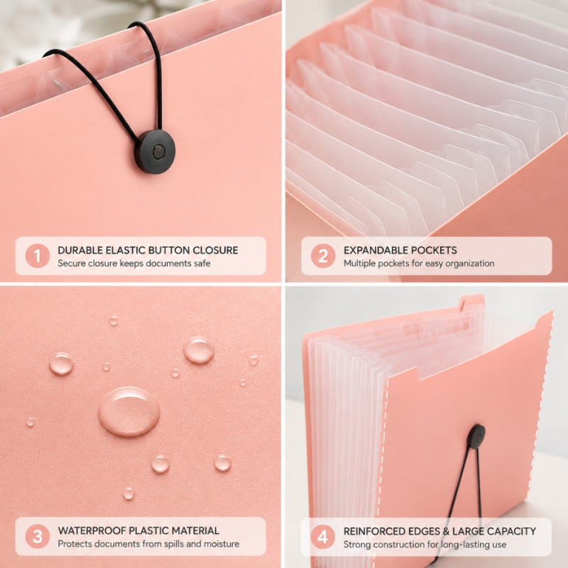 Peach A4 Plastic Accordion-Style Expandable File Folder with Elastic Closure – 33 x 24 cm