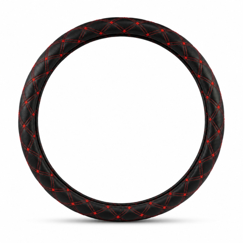 Black and Red Diamond-Stitched PU Leather Steering Wheel Cover – 38cm