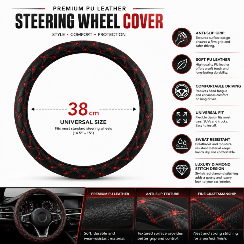 Black and Red Diamond-Stitched PU Leather Steering Wheel Cover – 38cm