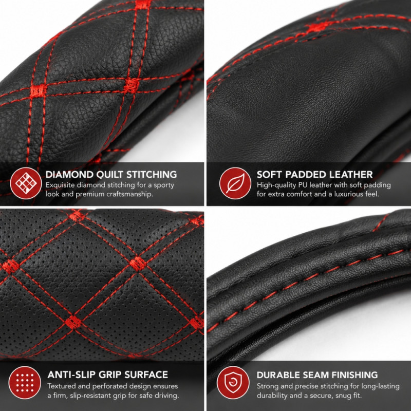 Black and Red Diamond-Stitched PU Leather Steering Wheel Cover – 38cm