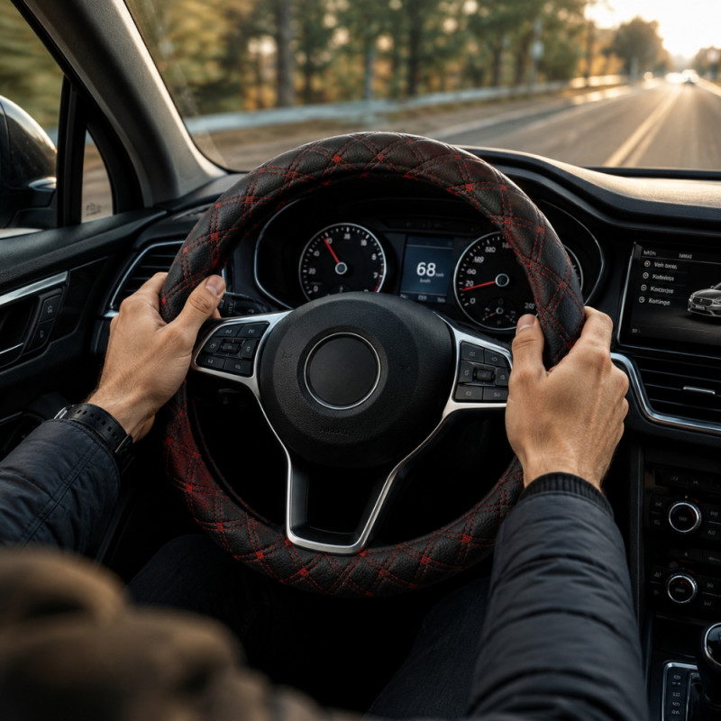 Black and Red Diamond-Stitched PU Leather Steering Wheel Cover – 38cm