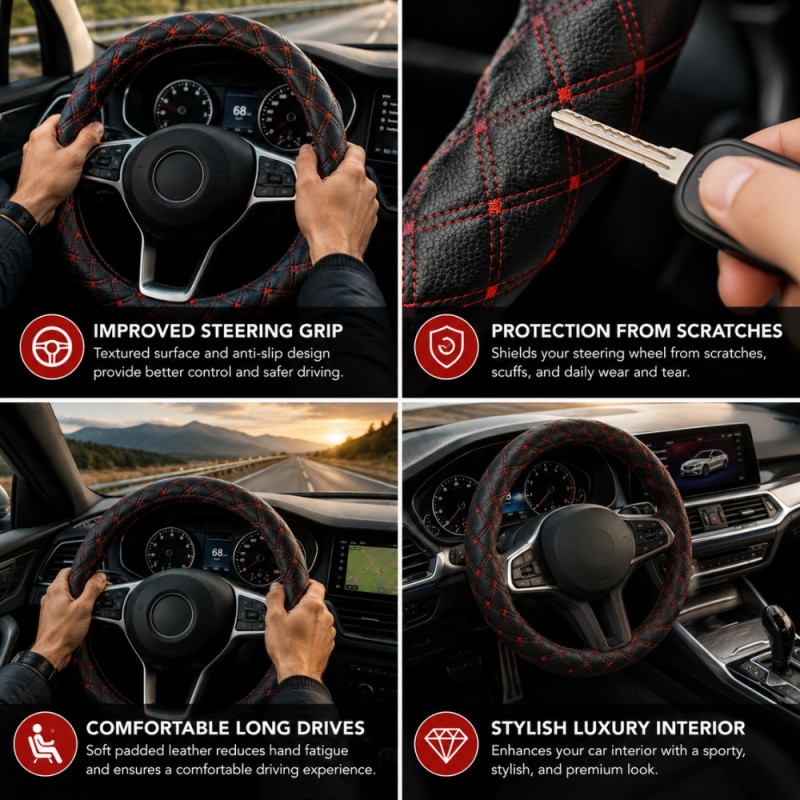 Black and Red Diamond-Stitched PU Leather Steering Wheel Cover – 38cm