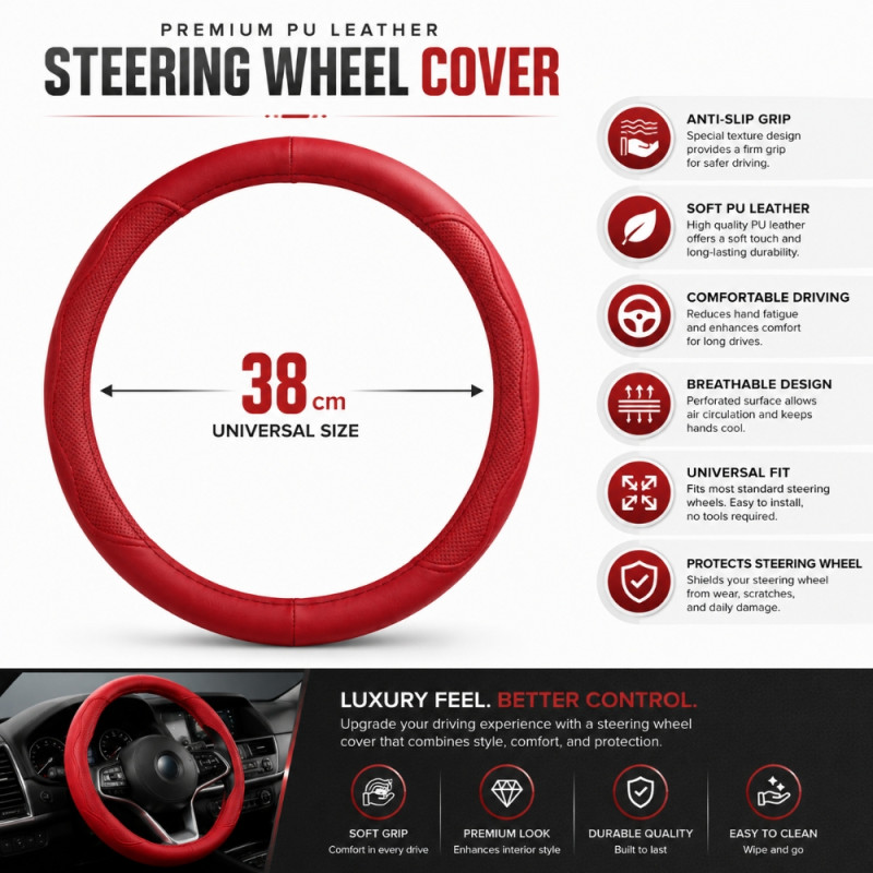 Red 38cm Universal PU Leather Steering Wheel Cover