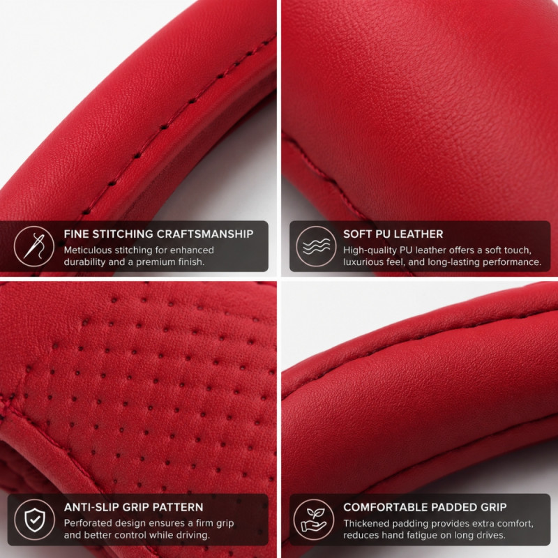 Red 38cm Universal PU Leather Steering Wheel Cover
