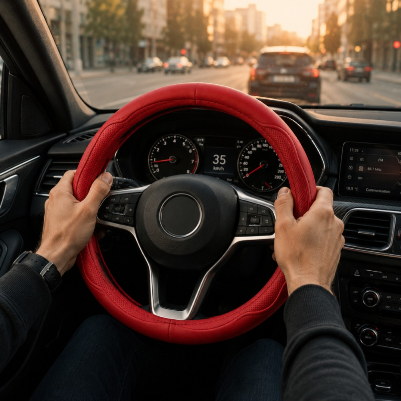 Red 38cm Universal PU Leather Steering Wheel Cover