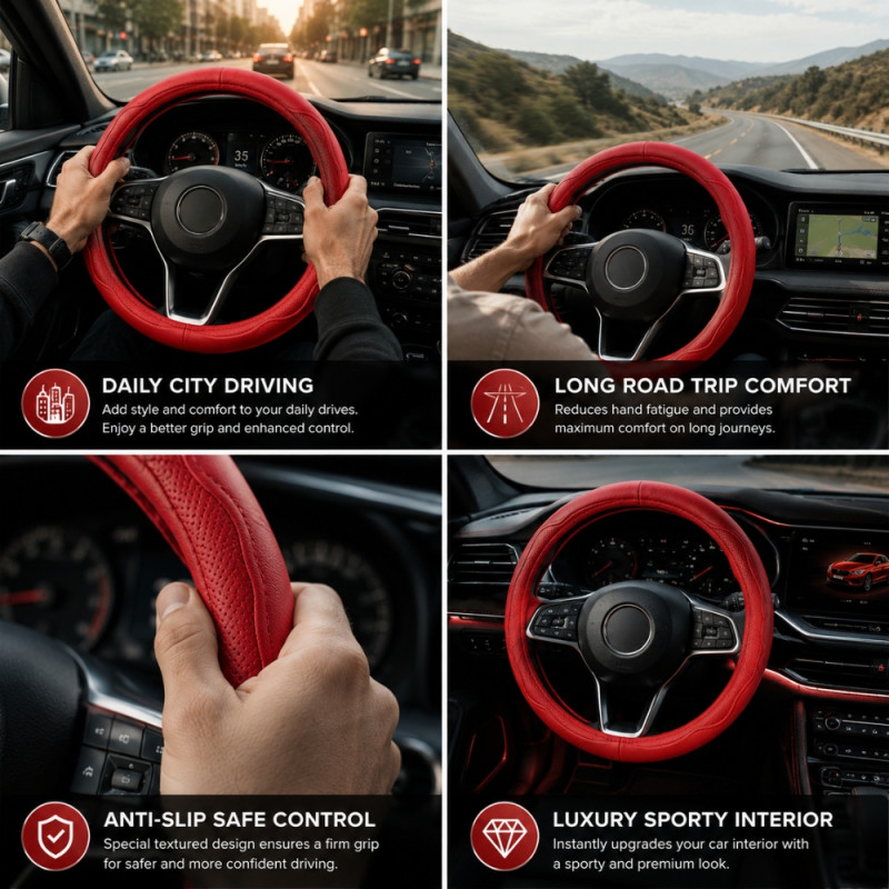 Red 38cm Universal PU Leather Steering Wheel Cover