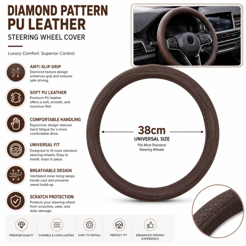 Brown PU Leather Steering Wheel Cover with a Diamond Texture Design for Enhanced Grip – 38cm
