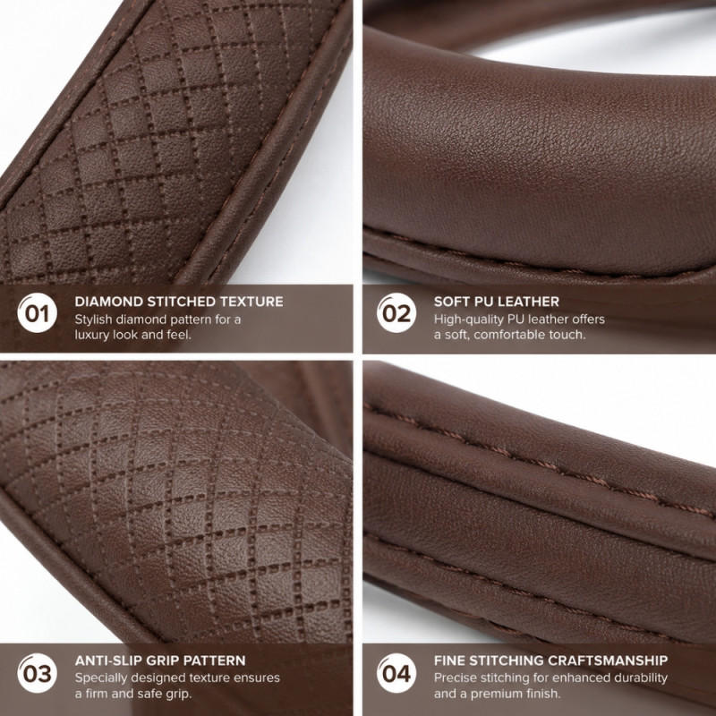 Brown PU Leather Steering Wheel Cover with a Diamond Texture Design for Enhanced Grip – 38cm