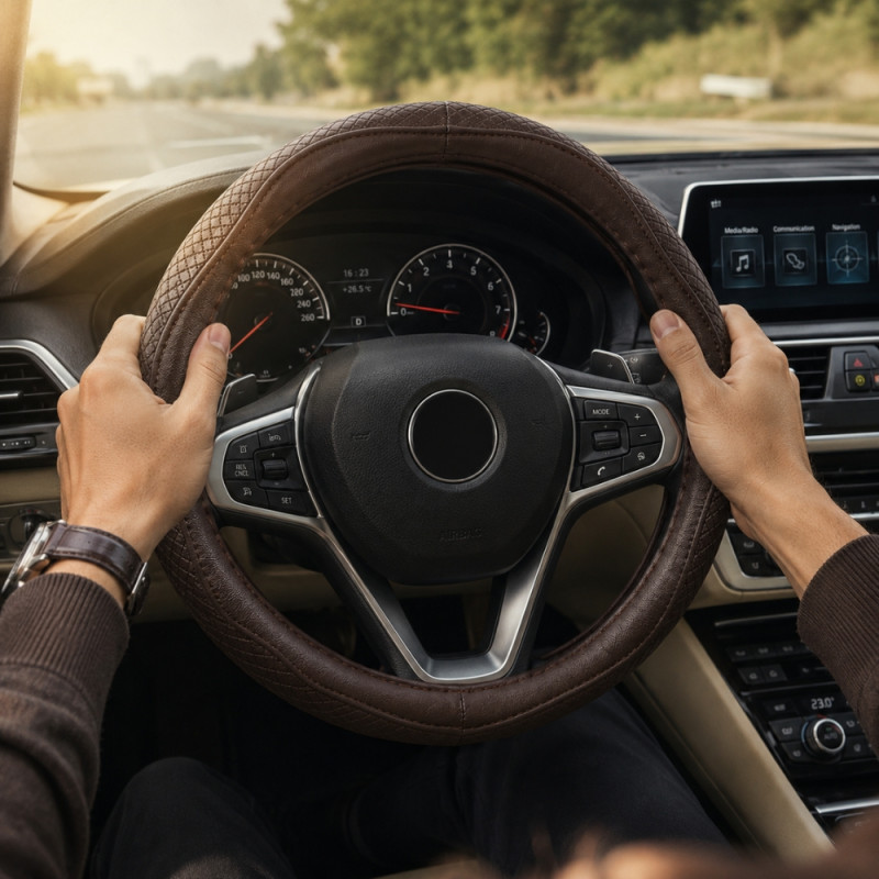 Brown PU Leather Steering Wheel Cover with a Diamond Texture Design for Enhanced Grip – 38cm