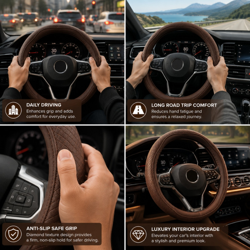 Brown PU Leather Steering Wheel Cover with a Diamond Texture Design for Enhanced Grip – 38cm