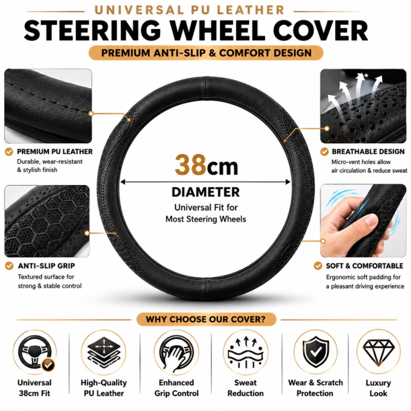 Universal 38cm PU Leather Steering Wheel Cover Designed for Comfort and Grip – Black