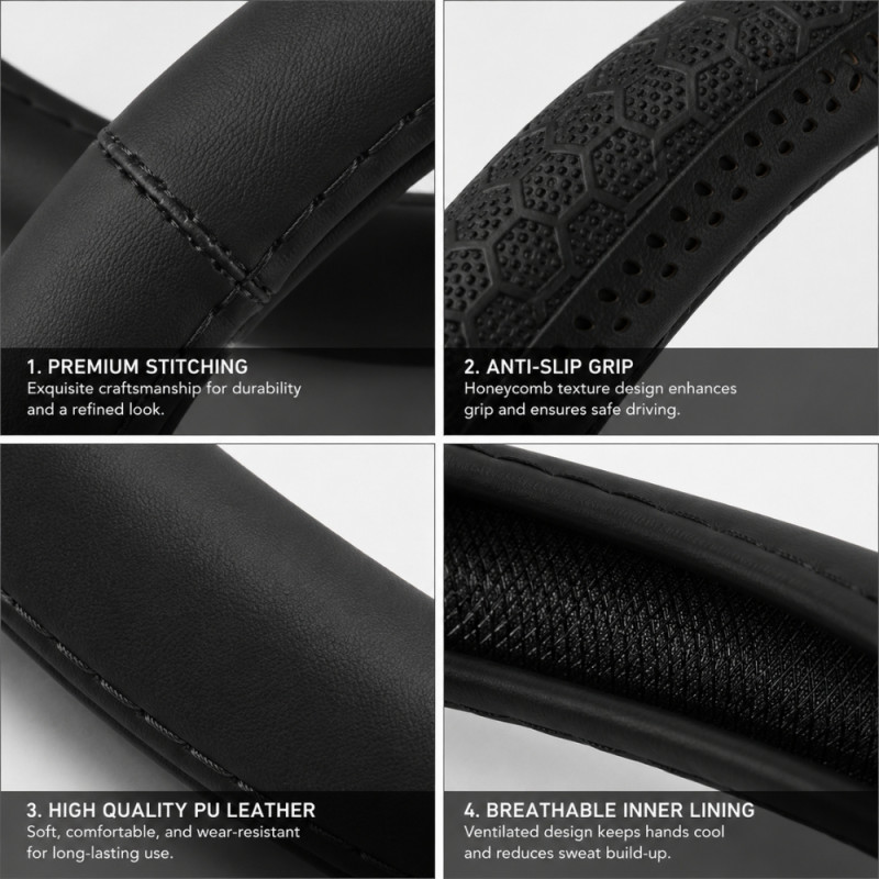 Universal 38cm PU Leather Steering Wheel Cover Designed for Comfort and Grip – Black