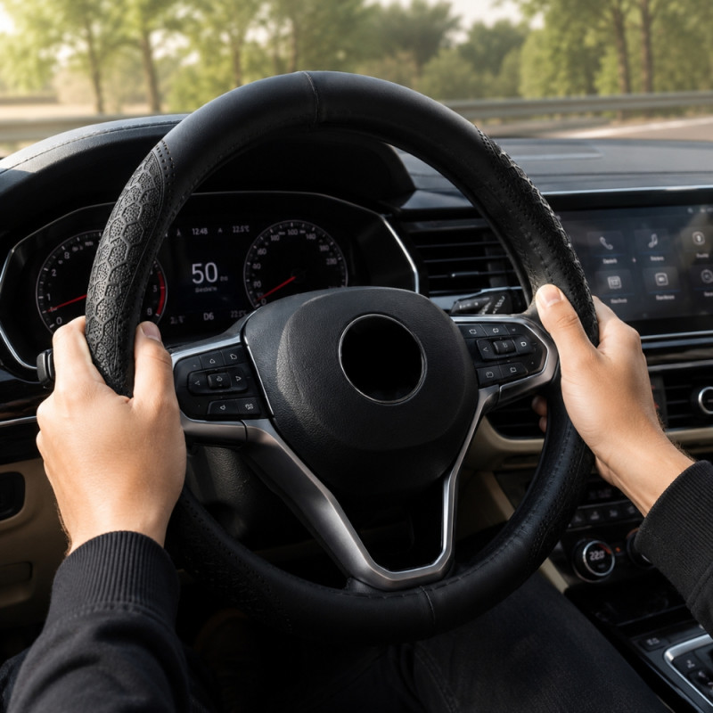 Universal 38cm PU Leather Steering Wheel Cover Designed for Comfort and Grip – Black