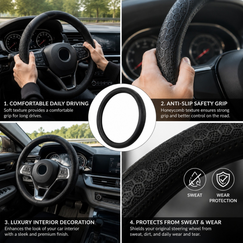 Universal 38cm PU Leather Steering Wheel Cover Designed for Comfort and Grip – Black